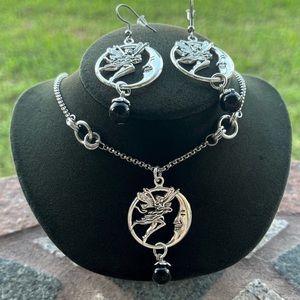 Set ! Fairy & moon dangly onyx gemstones beads necklace + matching earrings boho